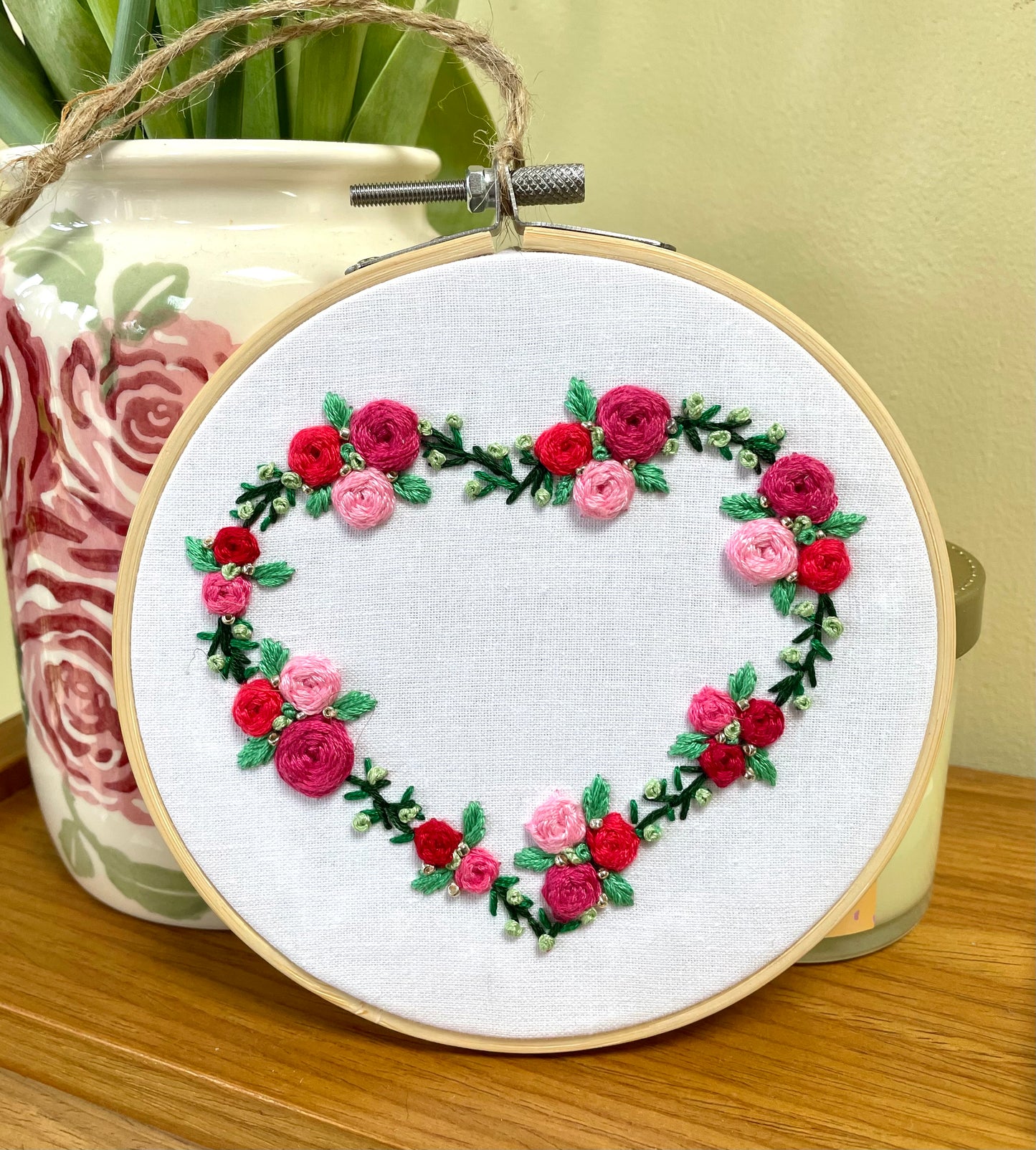 Rose heart floral hoop (red & pink) - 14cm