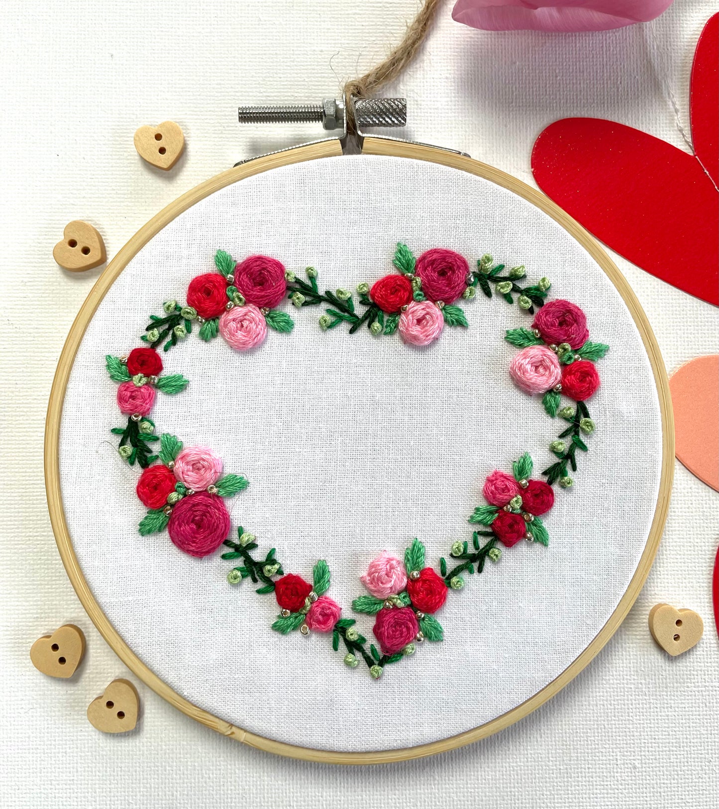 Rose heart floral hoop (red & pink) - 14cm